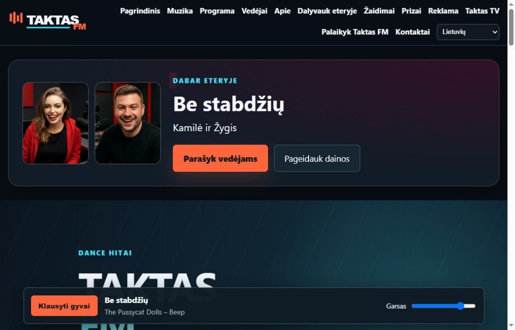 Ekrano nuotrauka i&scaron; veikiančios &bdquo;Taktas FM&ldquo; svetainės.